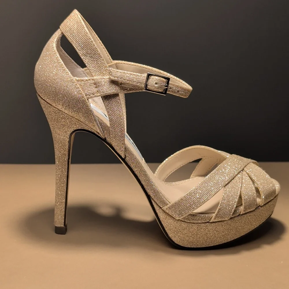 Nina Samara Royal Gold Shimmer Platform Stiletto Sandals New Size 5.5